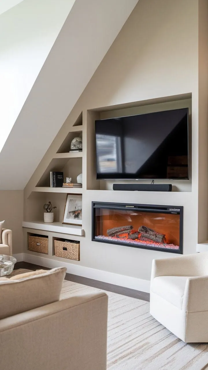 This captivating living room masterfully combines style and practicality, featuring a striking electric fireplace, integrated TV unit, and smart storage, all under a uniquely sloped ceiling.