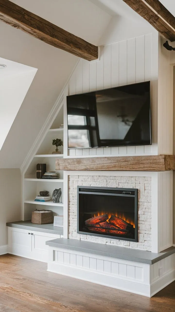 This living room masterfully blends rustic charm and modern convenience with a cozy fireplace, large TV, and sloped ceiling, creating an inviting yet sophisticated cinematic retreat.