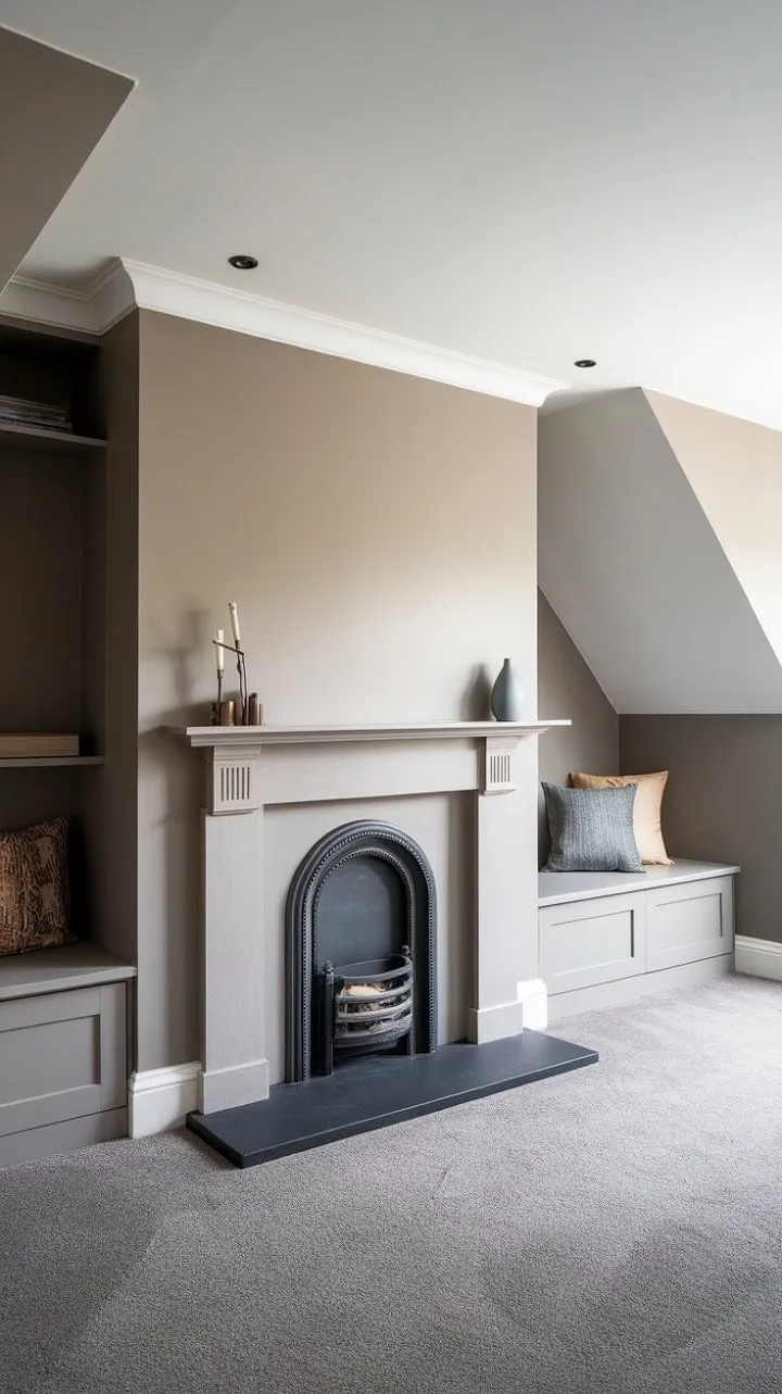 This elegantly designed space harmoniously combines a built-in TV unit, fireplace, and seating area, creating a chic sanctuary that embodies comfort and modern sophistication.