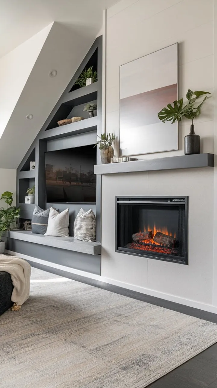 This sleek, integrated fireplace and TV unit transforms modern living into a cozy yet stylish retreat, harmonizing warmth with contemporary design.