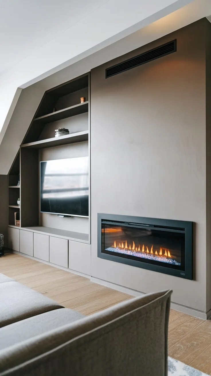 Sleek black electric fireplace and built-in TV unit create a modern living room focal point