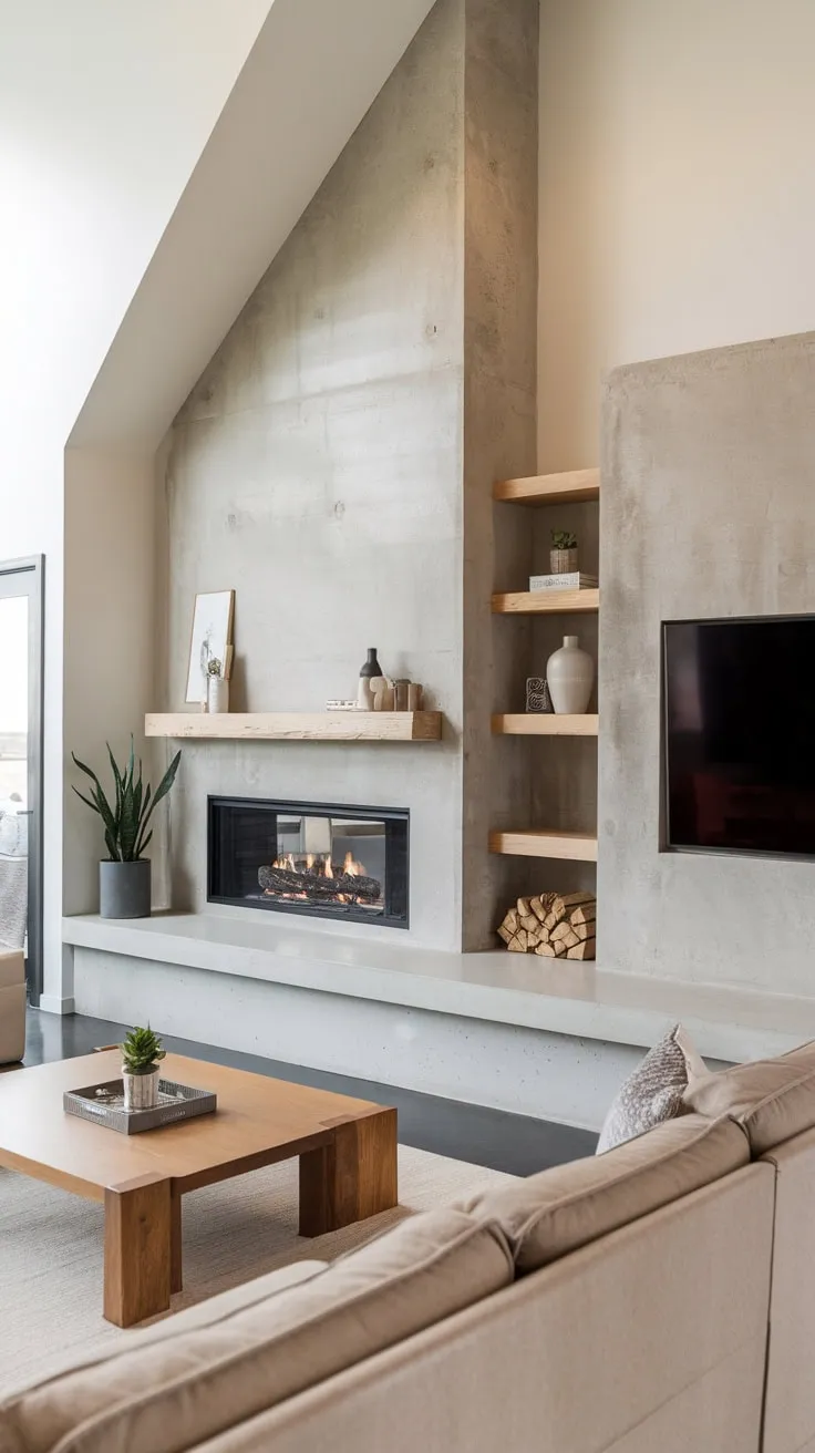 Sleek concrete fireplace design integrates shelving, seating, and a TV unit within a modern living room.