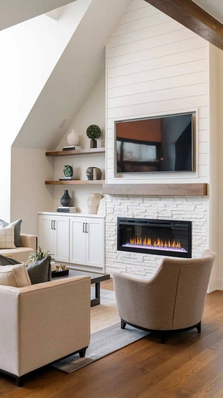 A contemporary living room features a built-in electric fireplace as a stunning focal point.