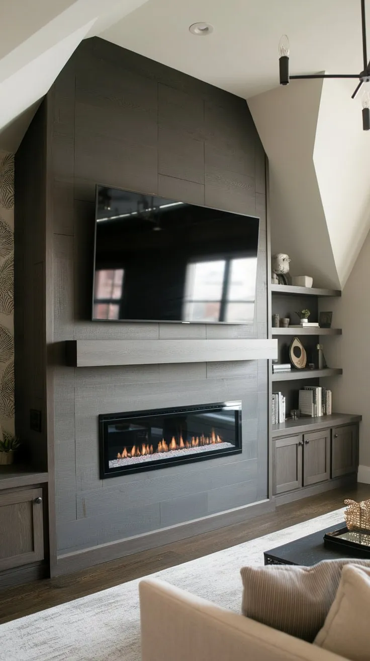 A contemporary living room features a built-in fireplace, showcasing a stylish blend of functionality and design.