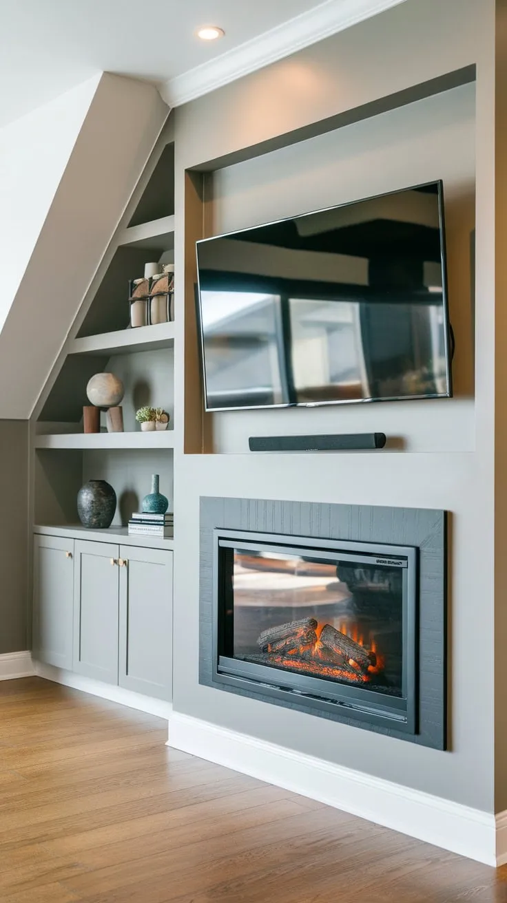 A contemporary living room features a built-in electric fireplace, enhancing its stylish hardwood floor and sloped ceiling.