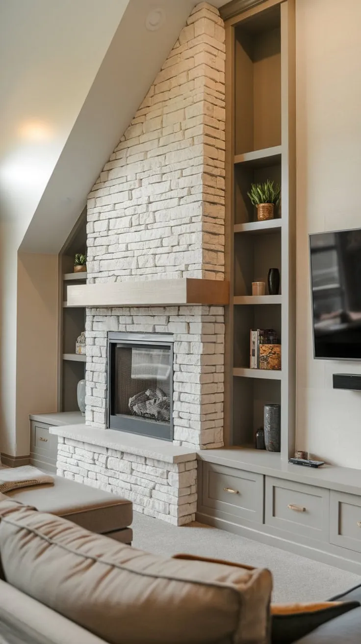 Warmth and style converge in this living room featuring a sophisticated built-in stone fireplace and integrated entertainment center.