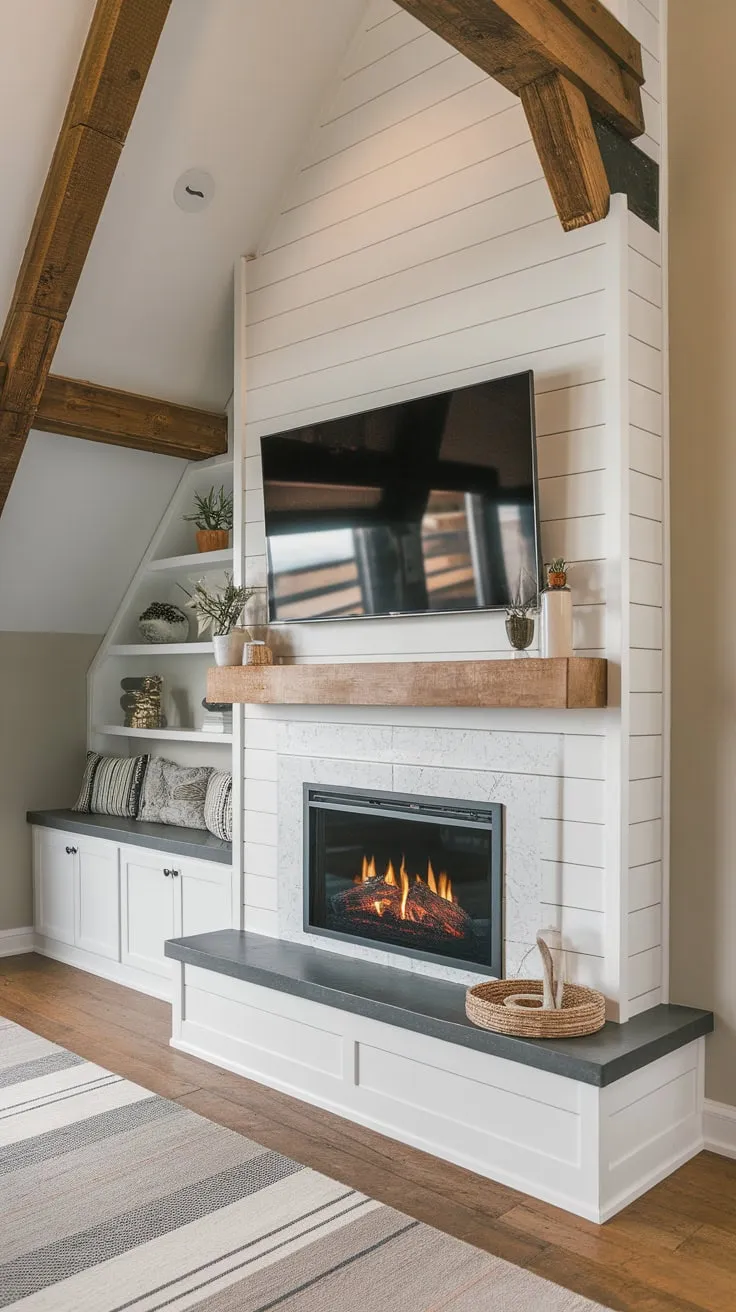 This modern faux fireplace, complete with built-in seating, TV, and mantle, creates a stunning focal point in a charming room.
