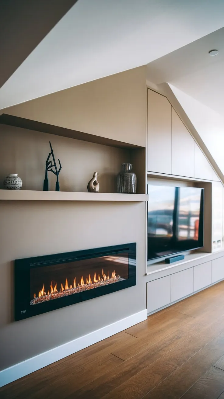A contemporary living room boasts a stylish built-in fireplace with a glass-fronted flickering flame, showcasing modern design amidst a wood-floored space with a sloped ceiling.