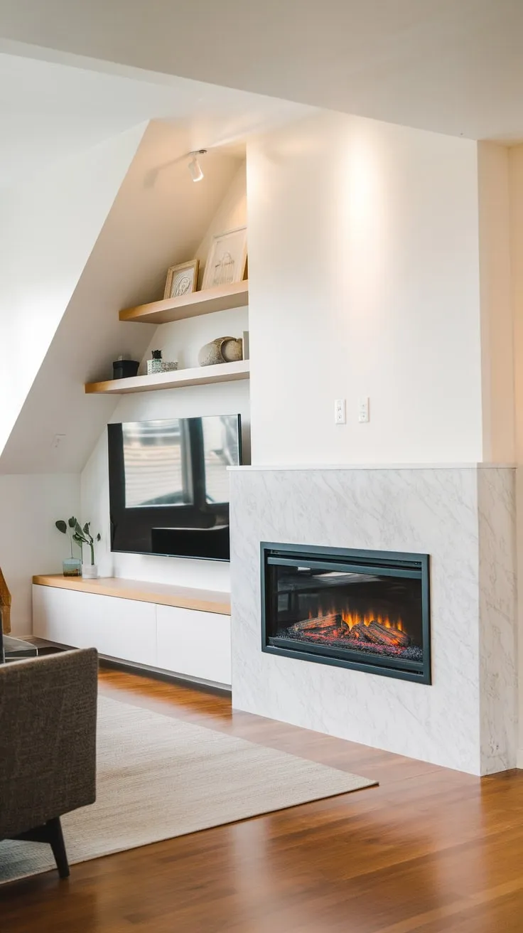 A built-in electric fireplace, cleverly combined with a TV and shelving, creates a stunning modern living room centerpiece.