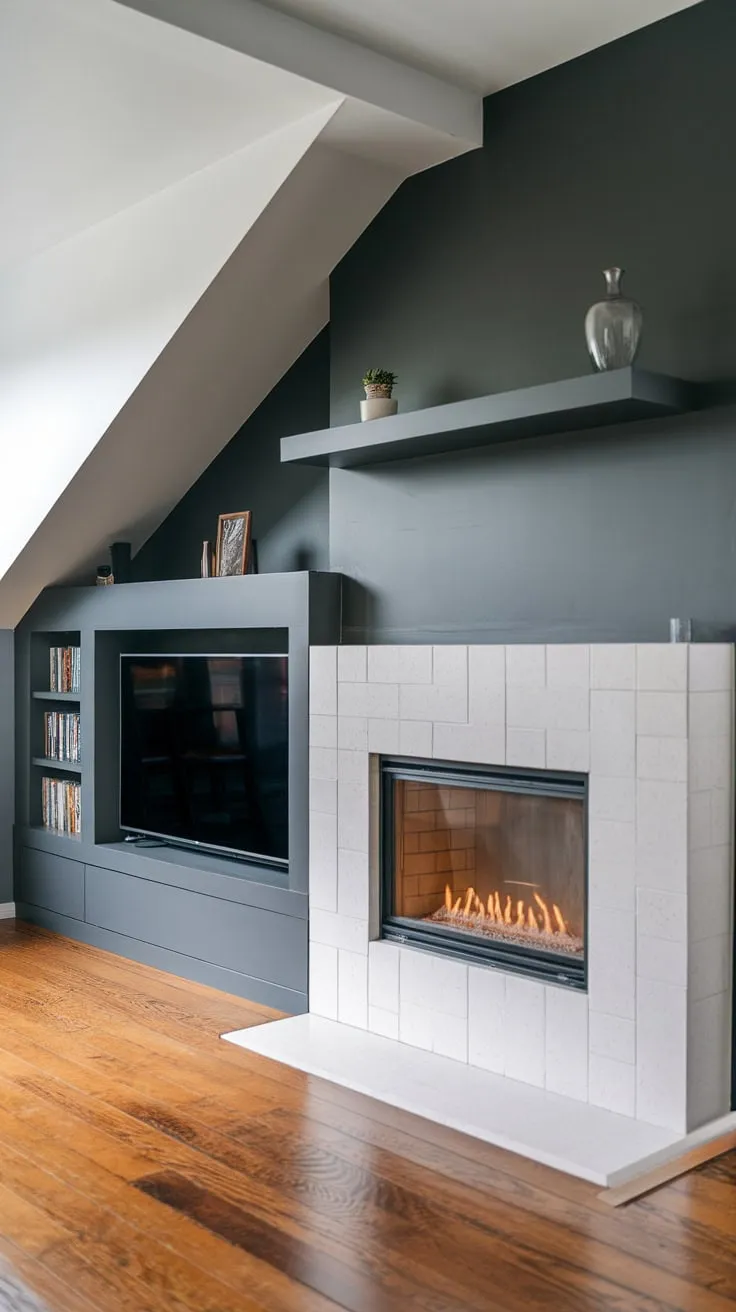 Contemporary design meets functionality in a living room featuring a stunning glass-front fireplace as a focal point.