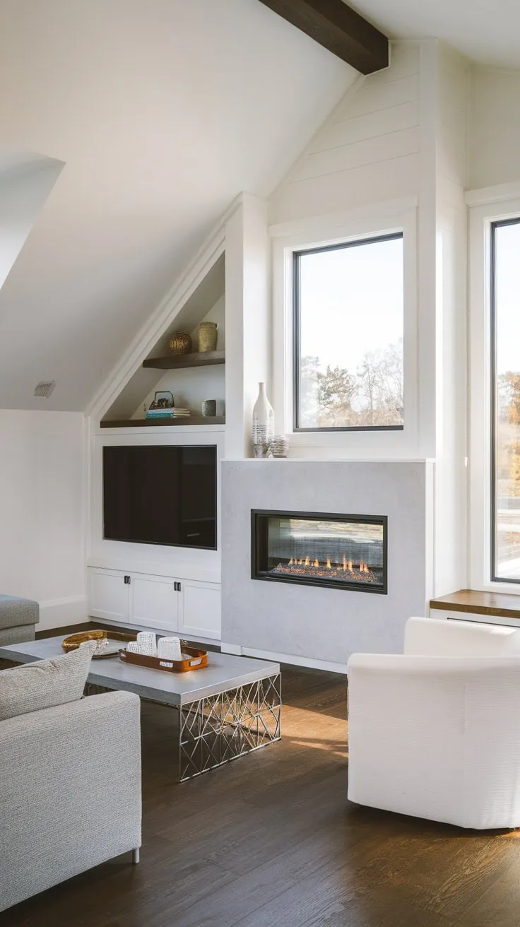 A sleek modern fireplace, framed by a large window and built-in shelving, anchors a stylish living room with dark wood floors and a grey sofa.