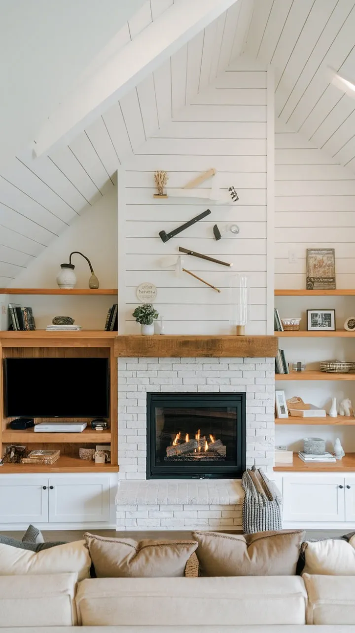 This thoughtfully designed living room harmoniously blends architectural flair with practical elegance, featuring a sloped ceiling and an integrated fireplace that create an inspiring and inviting atmosphere.