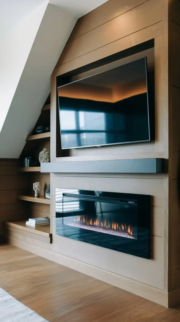 This stunning living space harmoniously combines warmth and modern design, featuring a sleek black electric fireplace and character-rich wood-paneled walls that create an inviting ambiance for relaxation.