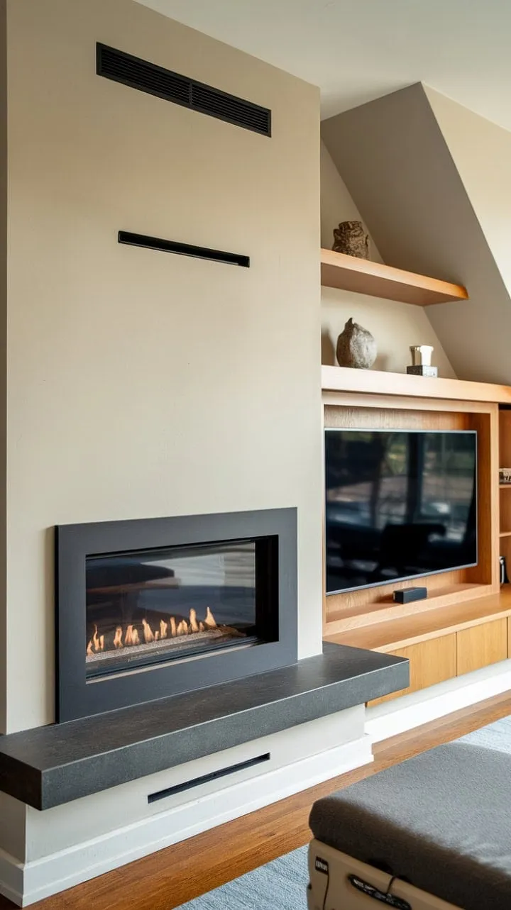 This living room seamlessly blends modern elegance with cozy comfort, featuring a striking black fireplace and a sloped ceiling that enhances its inviting atmosphere.