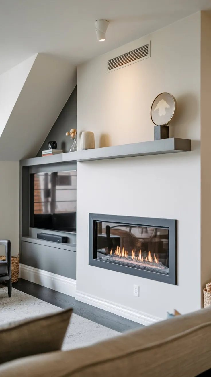 Sleek black framing and a glass front highlight a modern fireplace's focal point in a stylish living room