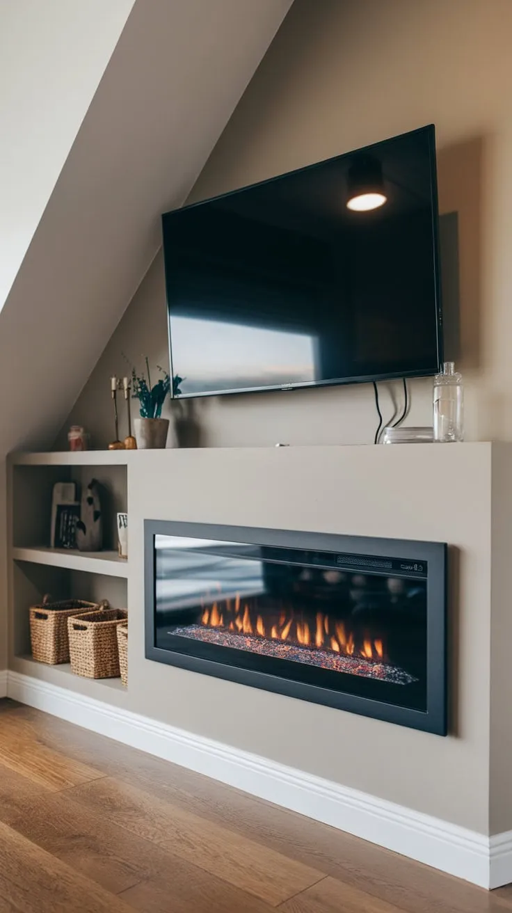 Sleek black electric fireplace with glass panel and mounted TV creates a modern living room focal point