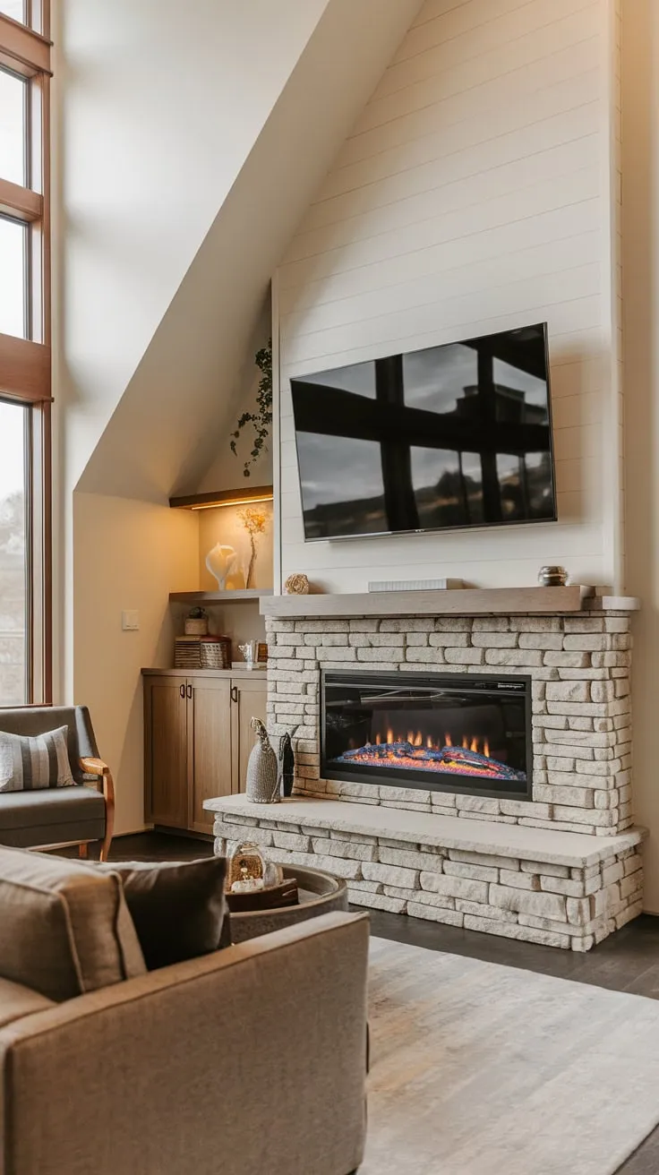 A modern living room's inviting ambiance is enhanced by a built-in electric fireplace with a stone surround, perfectly complementing the sloped ceiling and large windows.