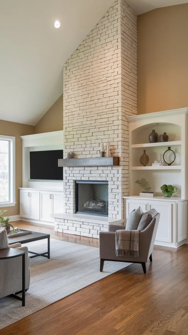 Modern living meets cozy comfort in this room featuring a stylish stone fireplace with integrated shelving and a built-in TV above.