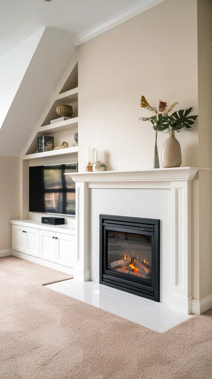 A sleek electric fireplace, framed in white with a black glass insert and topped with décor, anchors a modern living room's sloped ceiling and minimalist design