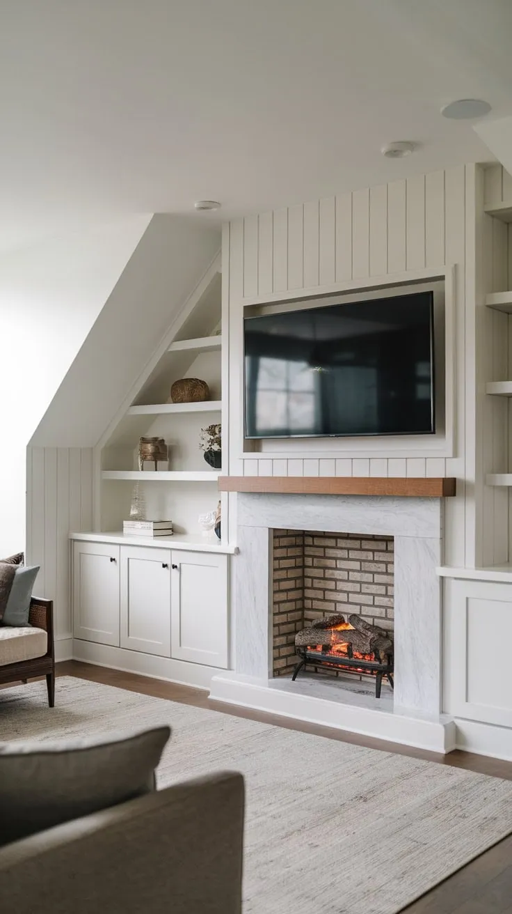 Sleek modern design integrates a built-in fireplace and TV unit, creating a stylish living room focal point