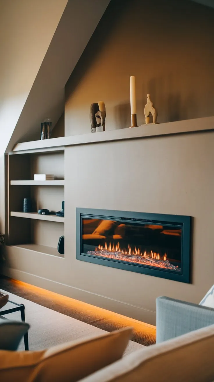 A sleek black electric fireplace anchors a modern living room, its glass front and built-in shelving creating a stylish focal point.