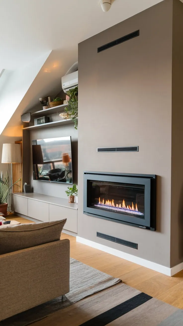 A sleek black fireplace, built into a sloped ceiling above a grey sofa and beneath a built-in TV unit, anchors this modern living room.