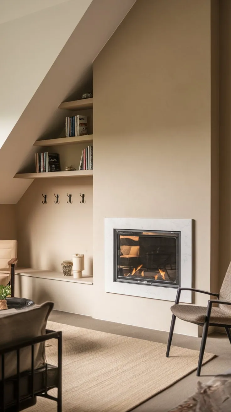 This contemporary living room features a stunning built-in fireplace, complete with glass doors and integrated shelving, enhancing its cozy atmosphere.