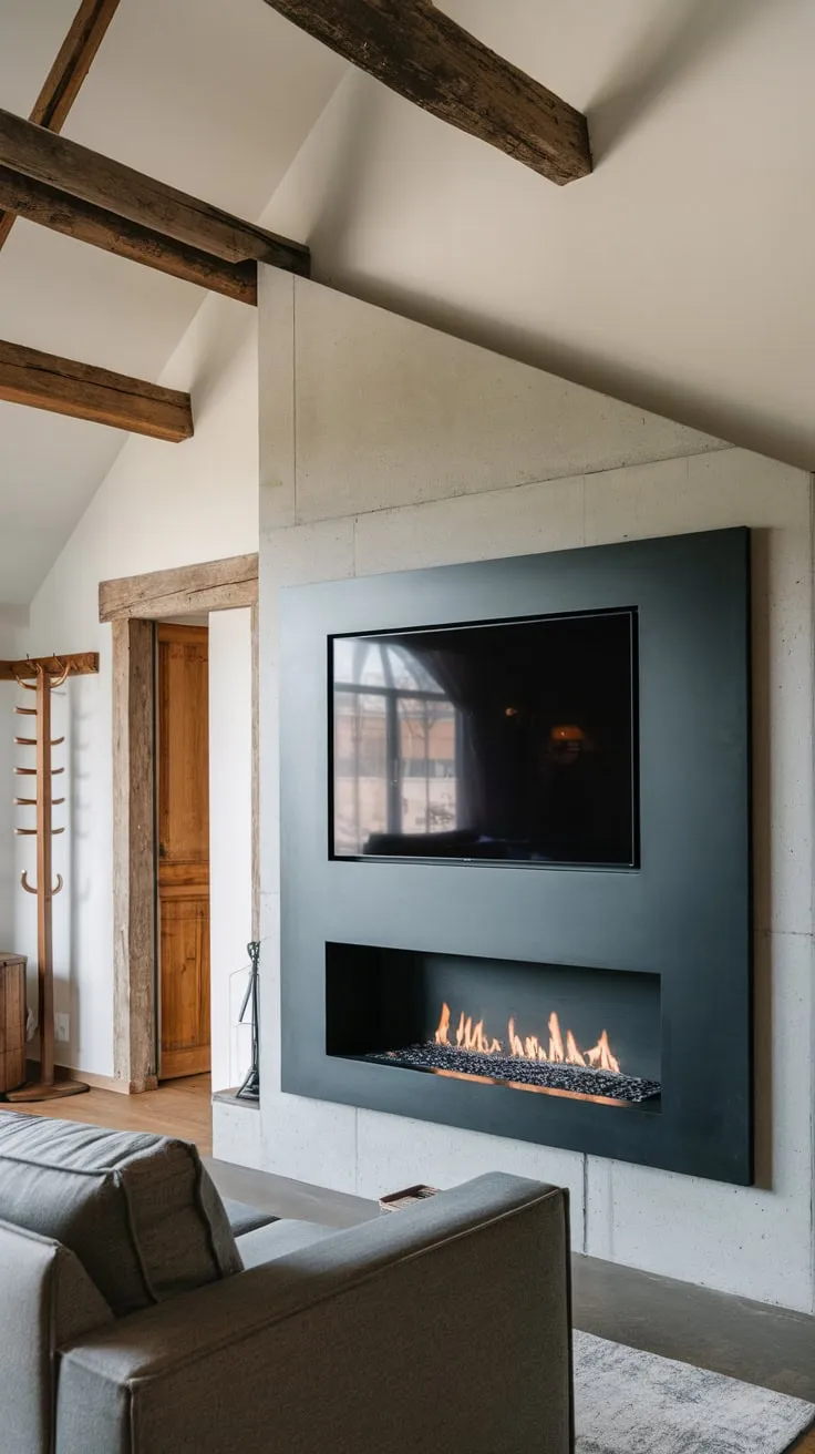 A modern living room's built-in black fireplace, featuring a TV unit, contrasts beautifully with exposed wooden beams.