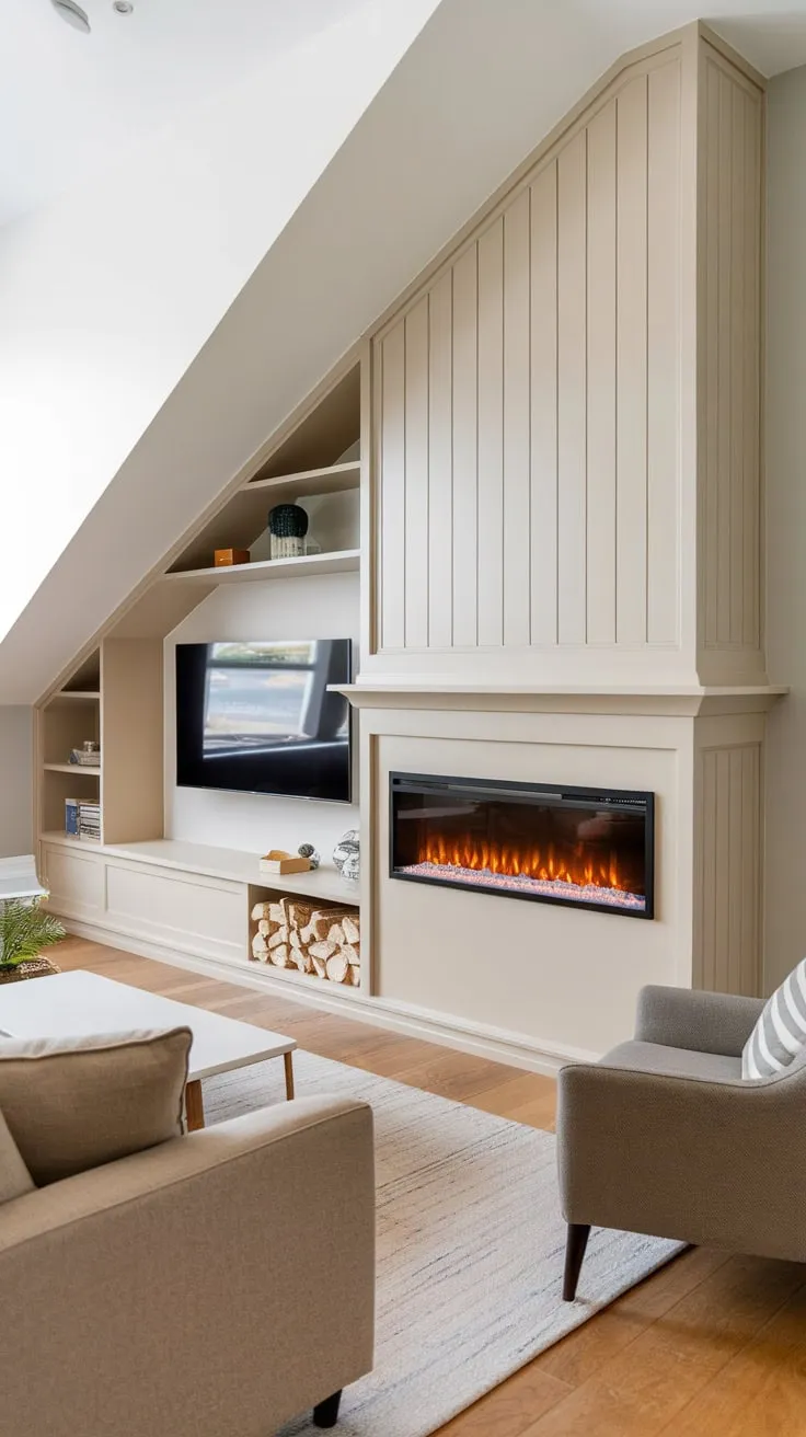 A sleek modern fireplace, integrated with storage and seating, anchors a living room boasting floor-to-ceiling windows and oak floors