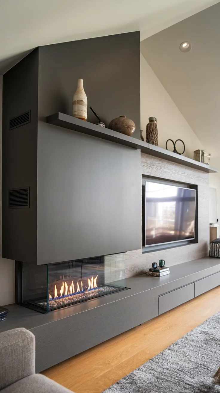 A contemporary living room features a stylish built-in black fireplace with a glass front, complemented by a built-in TV unit and sloped ceiling.