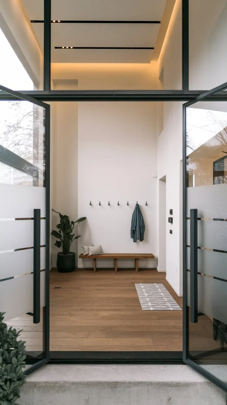 A minimalist modern foyer boasts a bright white backdrop, wood flooring, and a frosted glass door, welcoming guests with understated elegance
