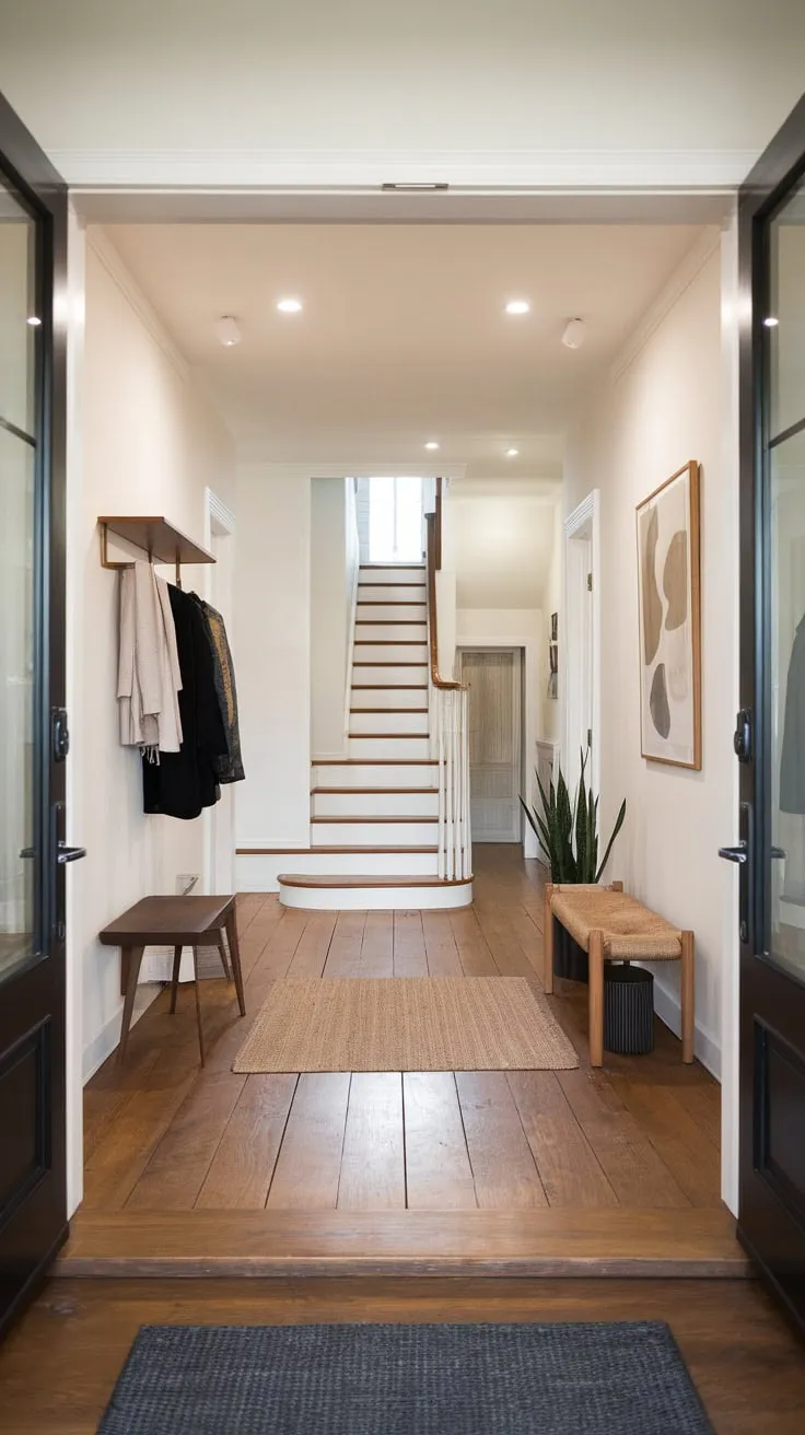 A bright minimalist foyer welcomes you with clean white walls wooden floors a bench plant and coats subtly hinting at the staircase beyond