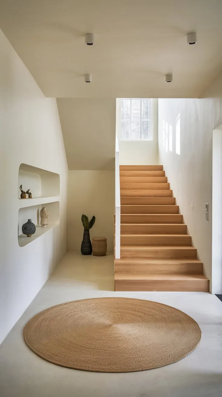 Clean lines and natural light define this modern foyer's minimalist design, highlighted by a wooden staircase and round rug.