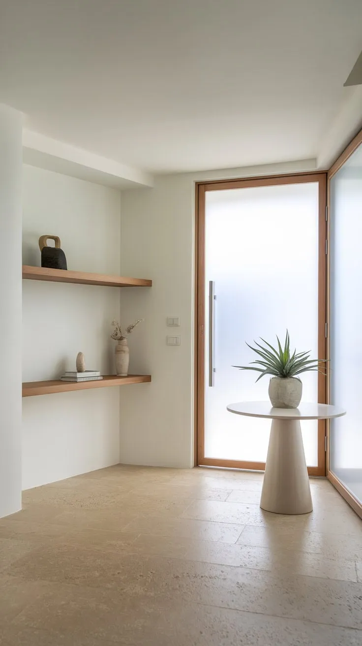 Beige tile floors and a round white table with a potted plant complete the sleek minimalist design of this modern foyer.