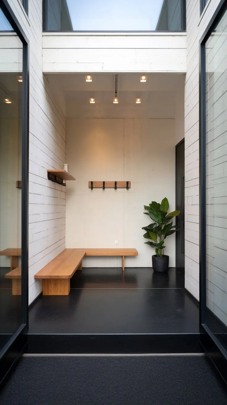 A minimalist modern foyer boasts high ceilings, dark floors, and light walls accented by a wooden bench, potted plant, and practical storage.