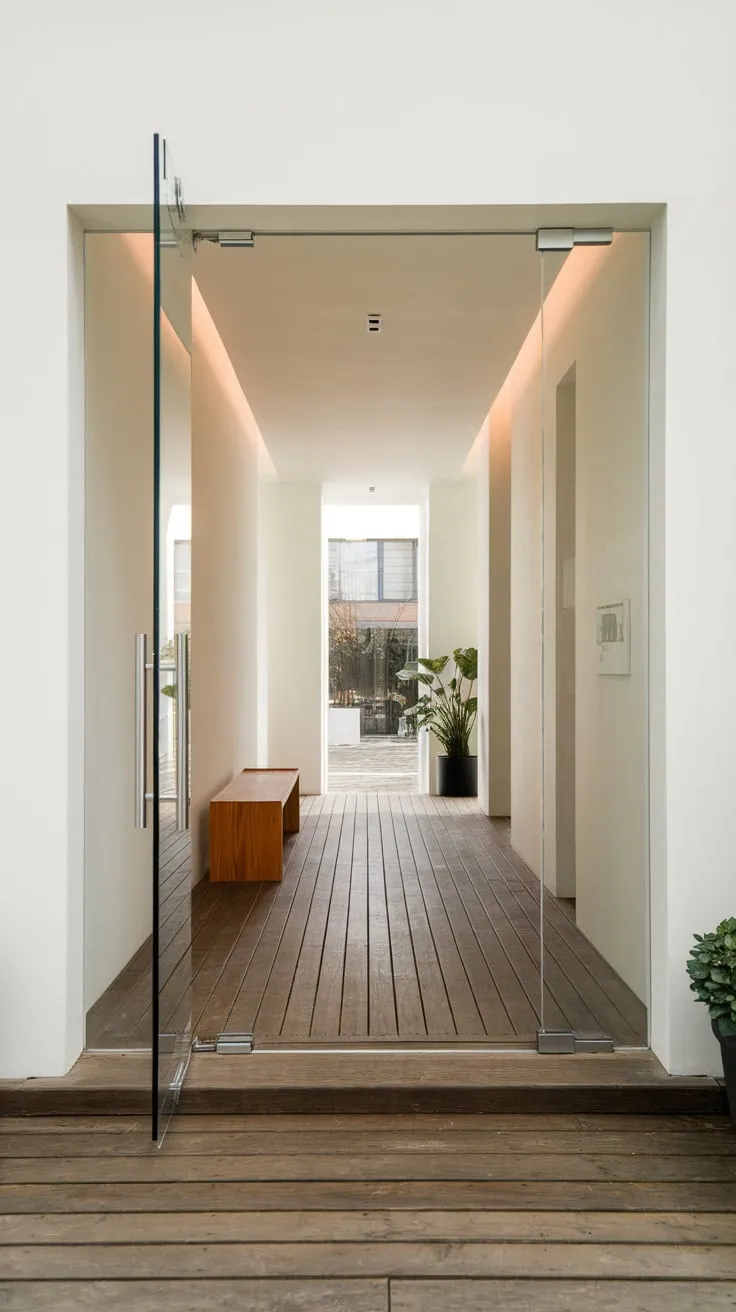 A minimalist modern foyer welcomes you with a clear glass entrance, white walls, wooden floors, and subtle natural accents.