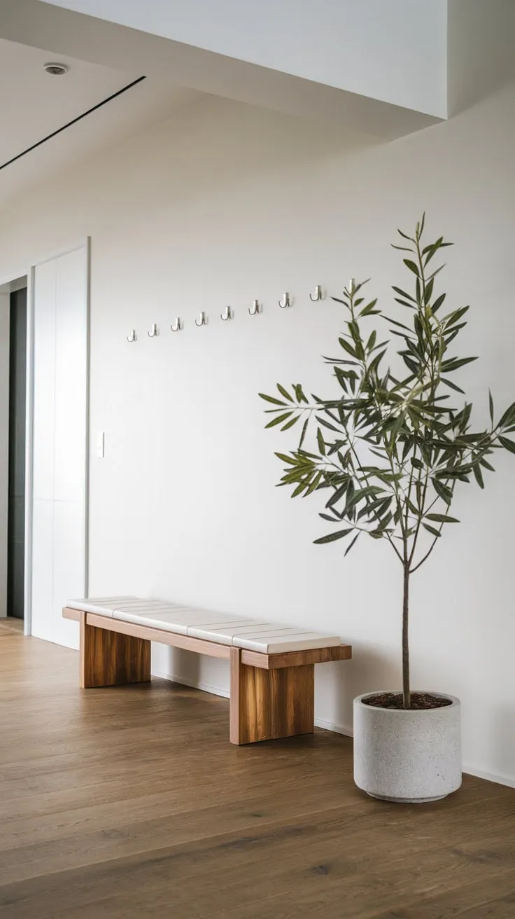 Clean lines and natural elements define this modern foyer's minimalist design.
