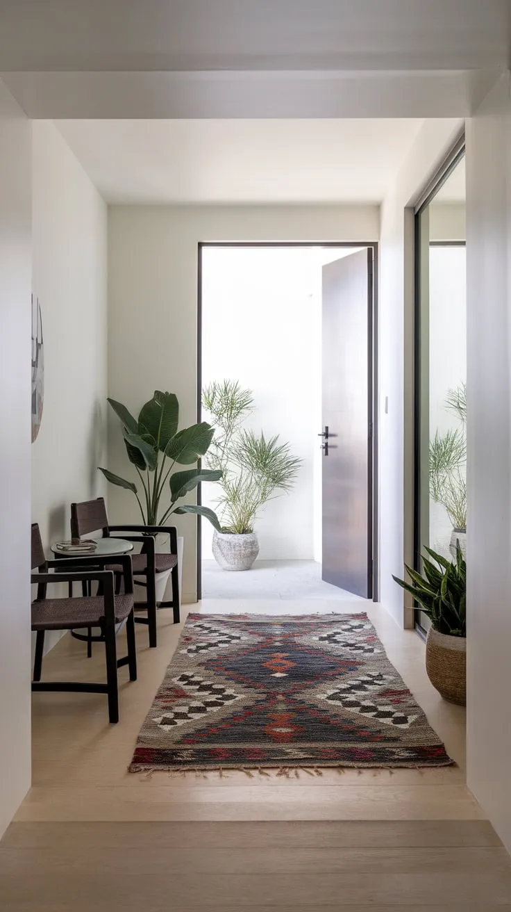 Clean lines and a touch of greenery define this stylish modern entryway with minimalist hallway and comfortable seating.