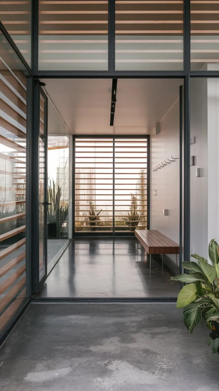 A bright modern foyer boasts polished concrete, a glass-and-wood wall, a minimalist bench, and potted plants for a welcoming and stylish entrance