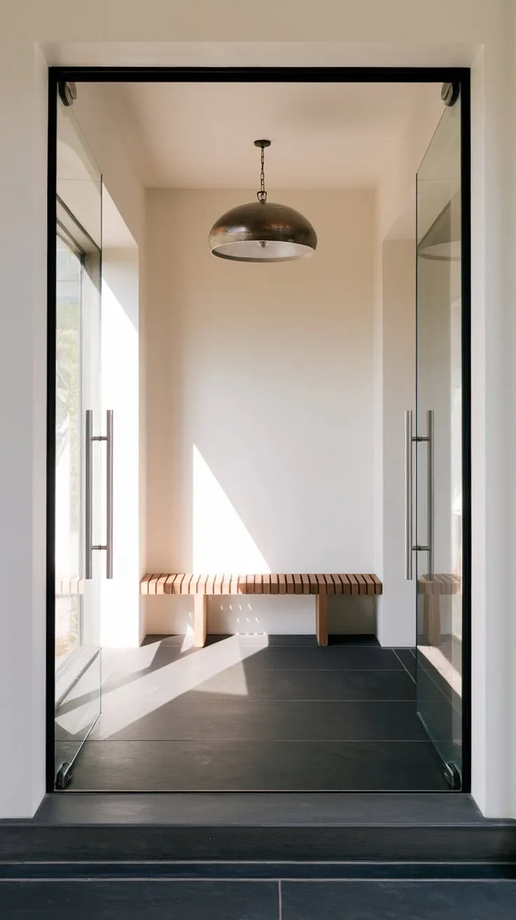 Clean lines and a metallic pendant light define this stylish modern entrance.
