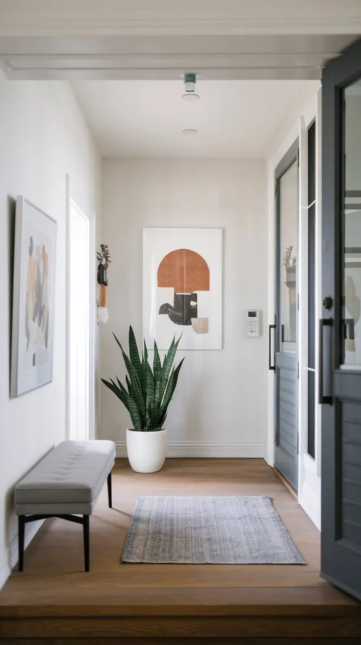 Sleek white walls, wood floors, and a simple gray bench with greenery define the modern minimalist aesthetic of this inviting foyer.