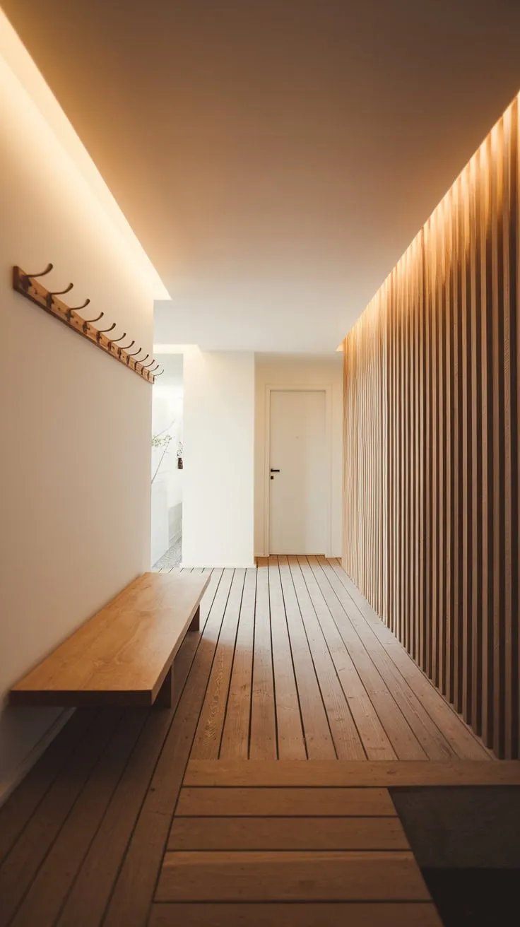 A serene modern foyer welcomes you with warm light, minimalist design, and a wooden bench for a peaceful entry experience