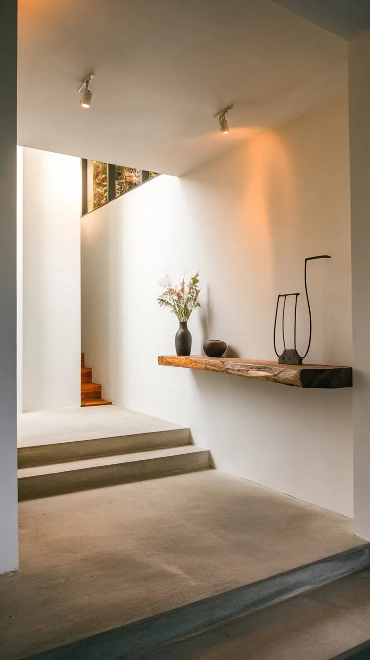 Warm lighting illuminates a minimalist concrete and white foyer featuring a wooden shelf and subtle steps leading to a higher level