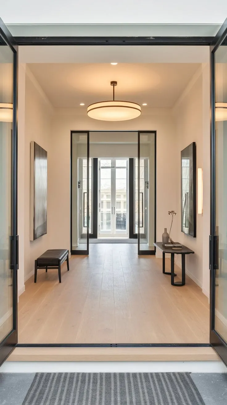 A minimalist modern foyer welcomes you with light wood floors, a simple bench and table, and a dramatic round light fixture, opening to a hallway beyond.