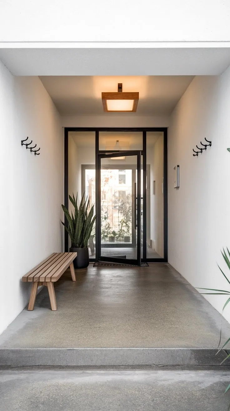 A minimalist modern foyer boasts a concrete floor, glass door, wooden accents, and simple storage, creating a serene and welcoming entrance.