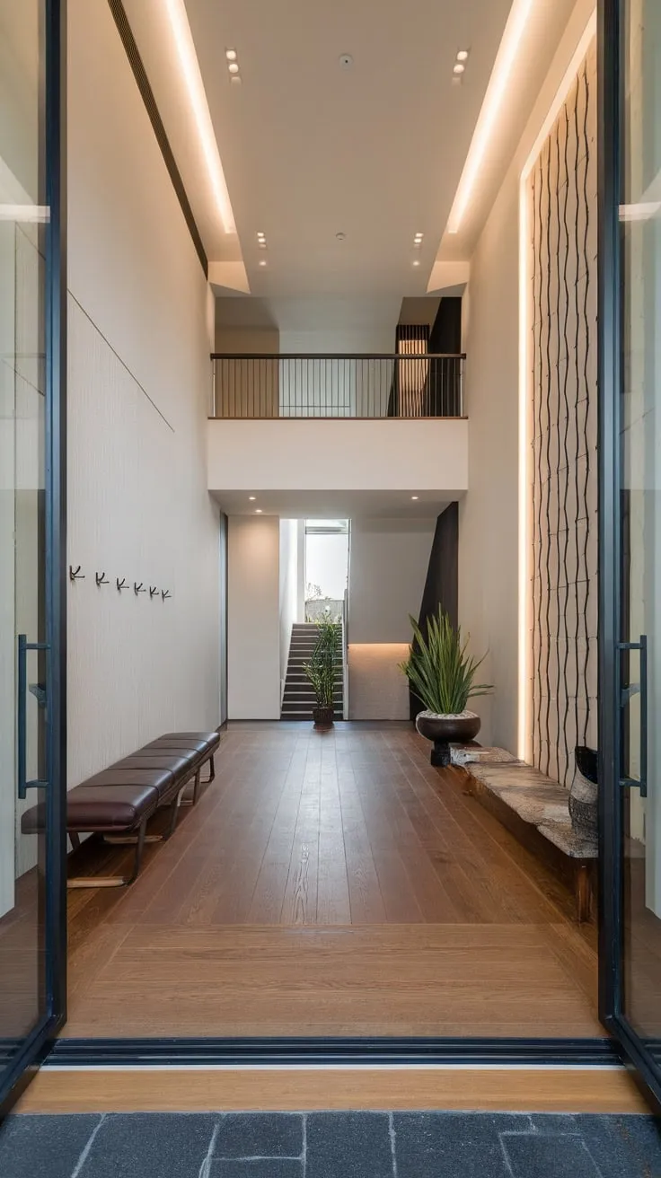 High ceilings, recessed lighting, and a neutral palette enhance the spacious feel of this contemporary entryway with a bench, plant, and coat hooks.