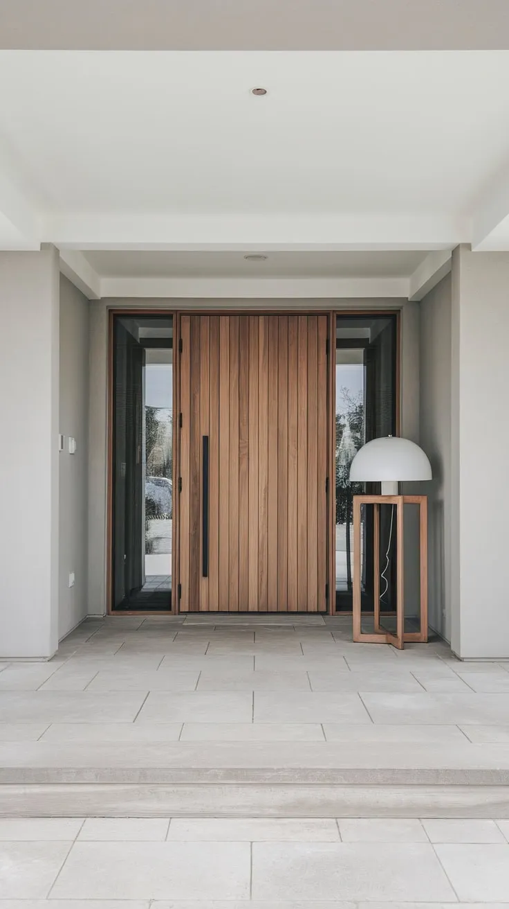 A minimalist modern foyer features a wooden door, light grey tiles, and subtle grey walls illuminated by a simple white lamp, creating a serene entrance.