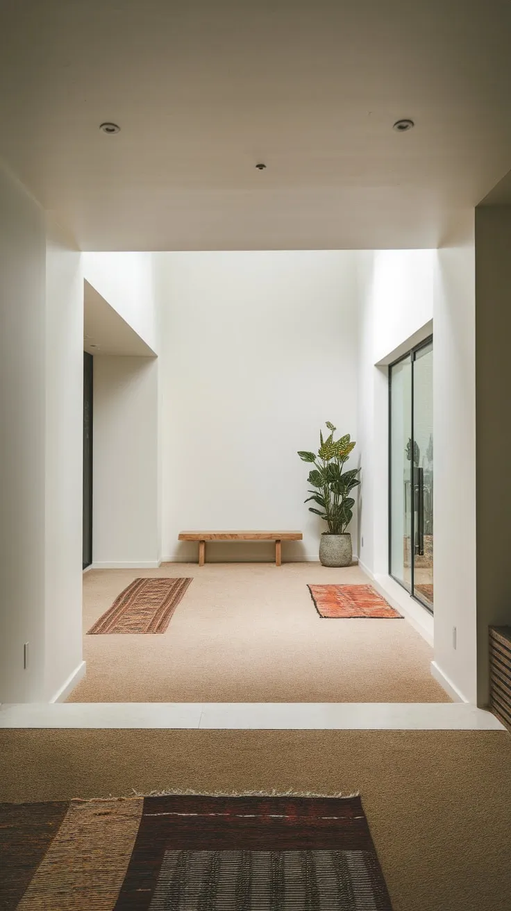 Clean lines and a neutral color scheme define this modern entryway, enhanced by a wooden bench, potted plant, and plush rugs.