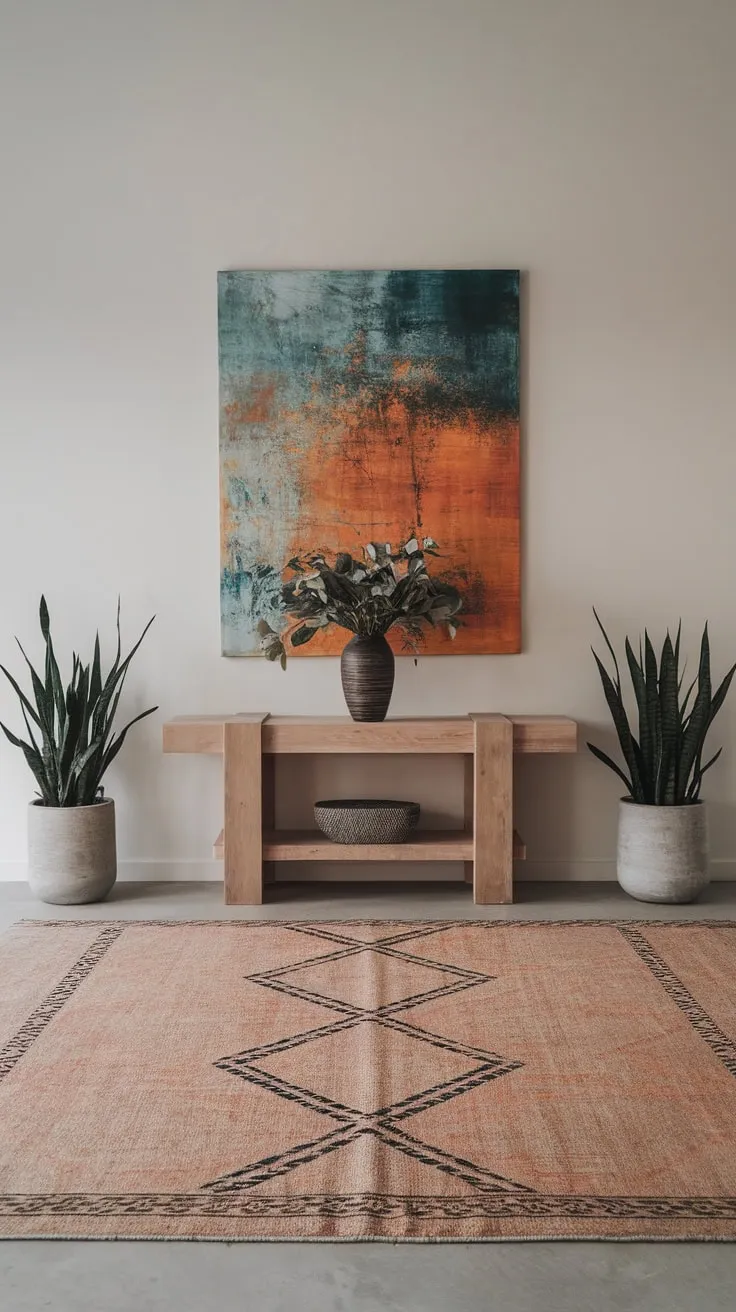 A minimalist modern foyer boasts a geometric rug, wooden console table with vibrant plants, and a striking abstract painting.