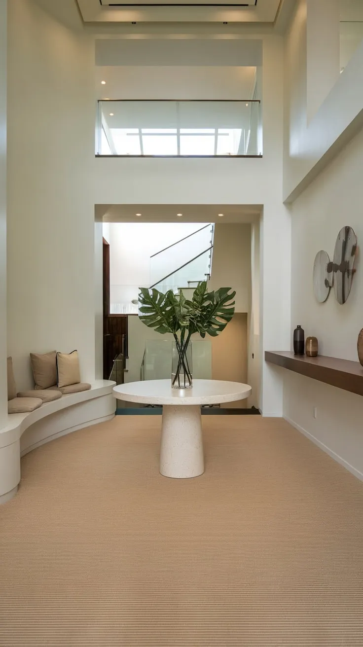 A minimalist beige-carpeted foyer boasts a curved bench, round table with greenery, and a sleek staircase visible beyond a high ceiling.